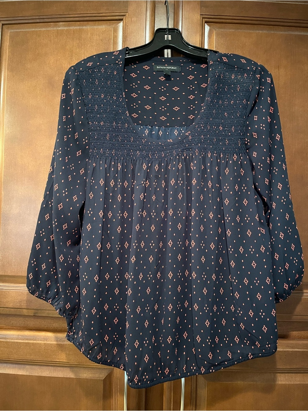 Banana Republic Navy Smocked Scoop-Neck Blouse with Pink Diamond Motif